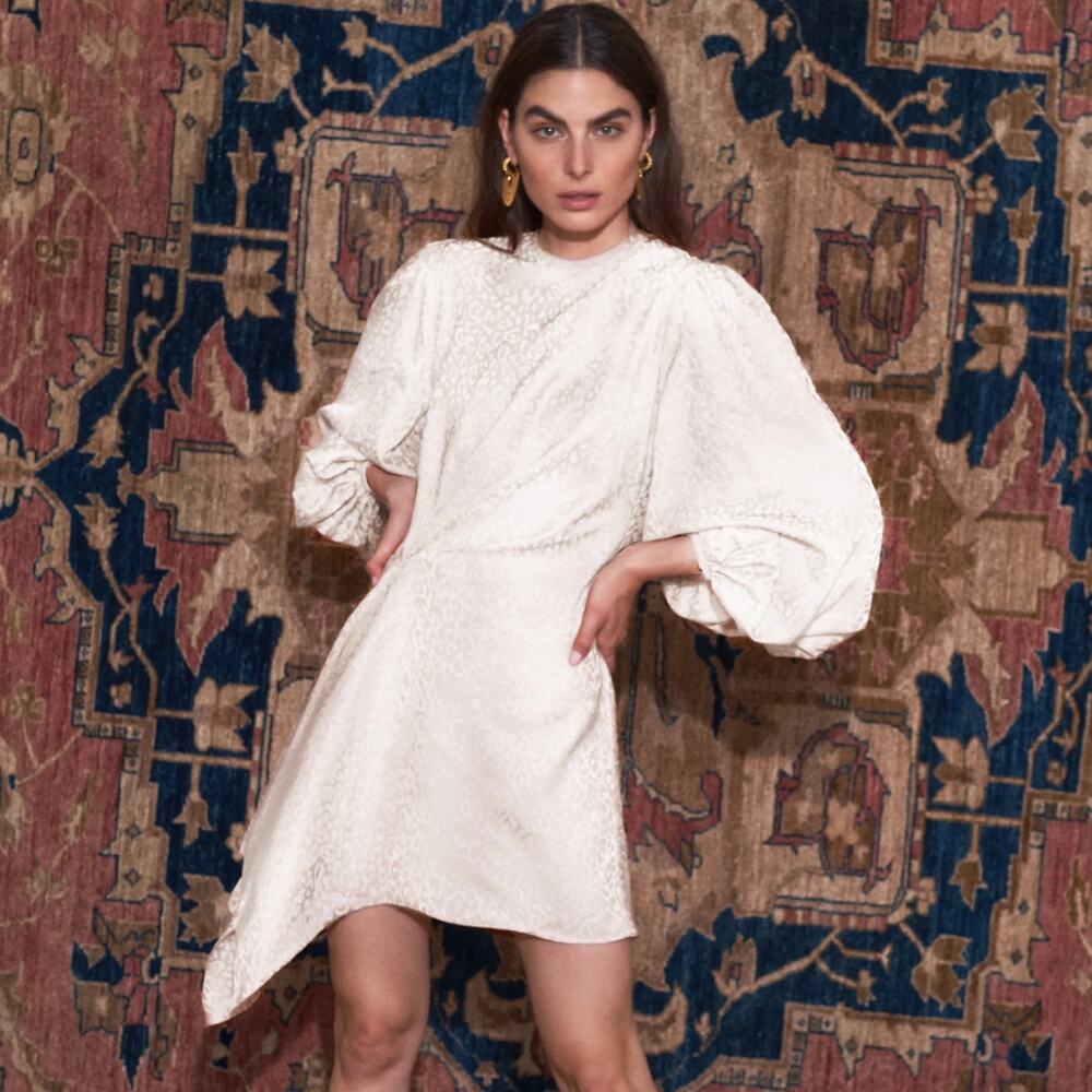 Johanna Ortiz Love Me Do Mini Dress Size 8 Cream Blouson Long Sleeve Party